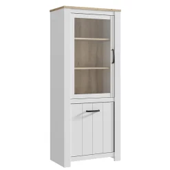 Vitrine 2 portes blanc mat et décor bois clair poignées noires - LEANE
