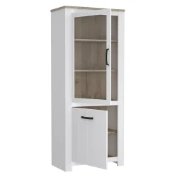 Vitrine 2 portes blanc mat et décor bois clair poignées noires - LEANE