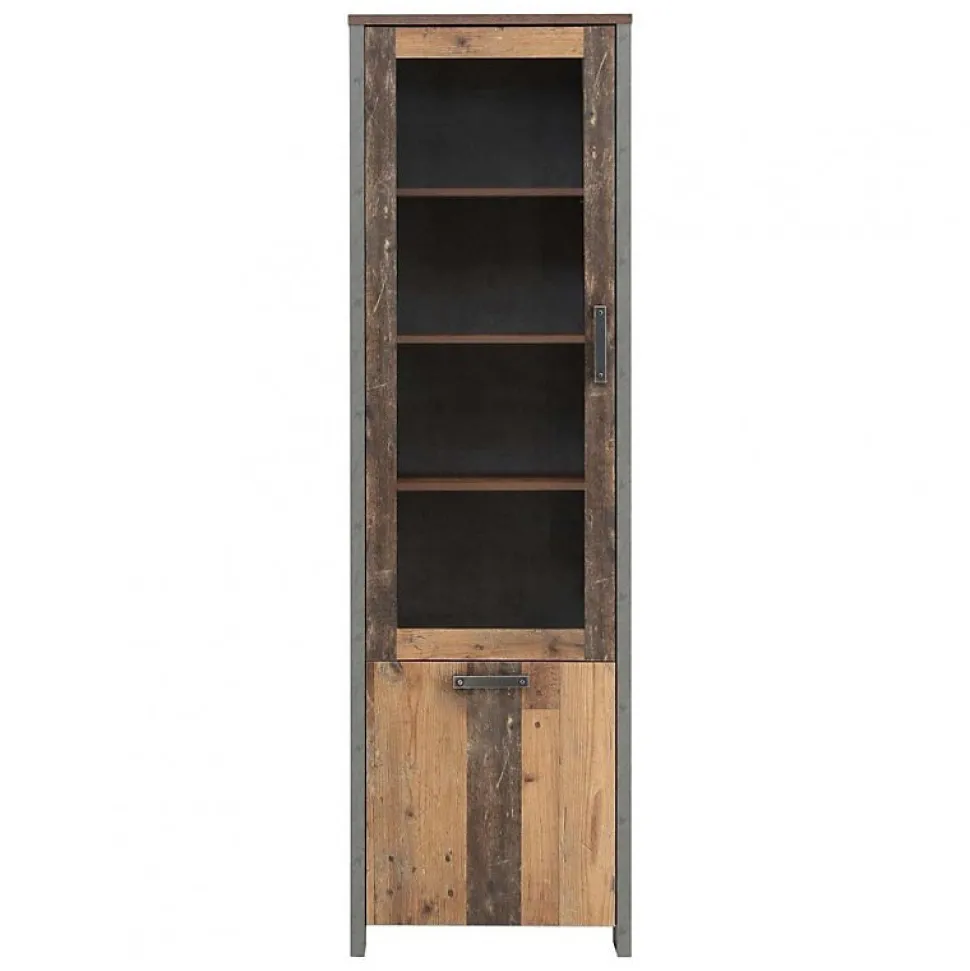 Vitrine 2 portes et 6 niches effet bois vieilli et béton gris - BUCK