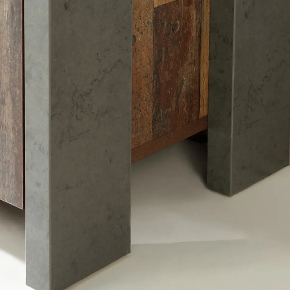 Vitrine 2 portes et 6 niches effet bois vieilli et béton gris - BUCK