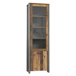Vitrine 2 portes et 6 niches effet bois vieilli et béton gris - BUCK