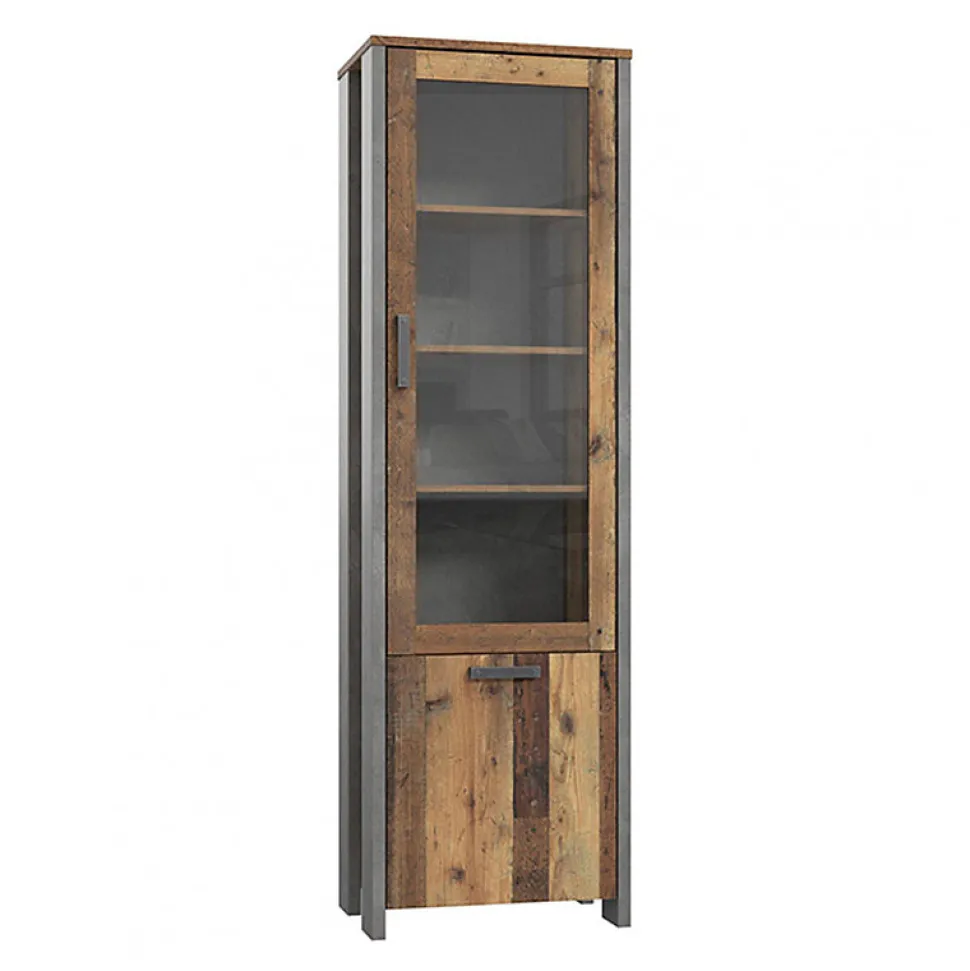 Vitrine 2 portes et 6 niches effet bois vieilli et béton gris - BUCK