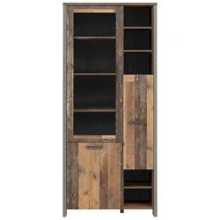 Vitrine 3 portes et 14 niches effet bois vieilli et béton gris - BUCK