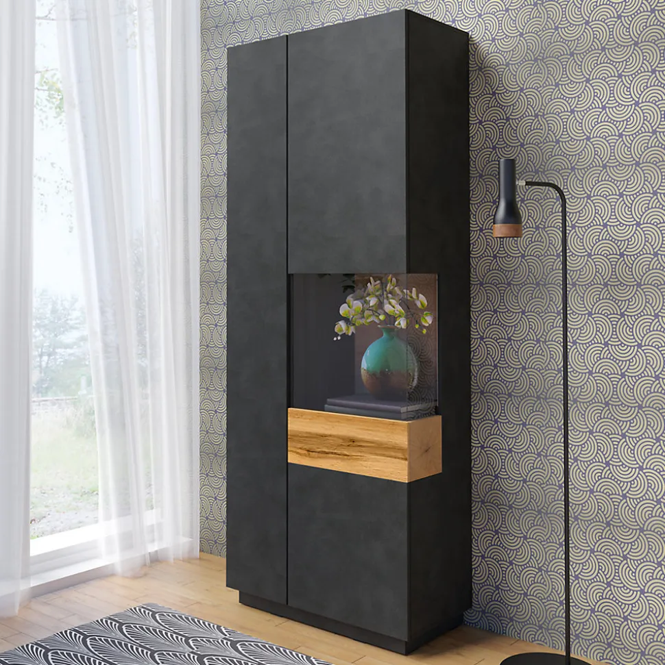 Vitrine 2 portes ouverture droite Andrea Gris anthracite et Bois