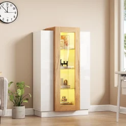 Vitrine - Portes Transparentes, LED Contrôlable par App, Étagères Verre - Panneau de Particules - Blanc 74x40x120 cm