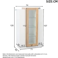 Vitrine - Portes Transparentes, LED Contrôlable par App, Étagères Verre - Panneau de Particules - Blanc 74x40x120 cm