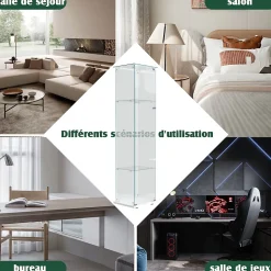 Vitrine 4 étagères avec LED intégrée et plateau blanc, Verre trempé transparent pour salon, chambre ou bureau, Blanc