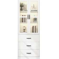 Vitrine - Vitrine avec Éclairage LED et 3 Tiroirs, Armoire Vitrine Moderne avec Étageres Réglables pour Salon, Blanc, 60x40x200 cm