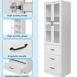 Vitrine - Vitrine avec Éclairage LED et 3 Tiroirs, Armoire Vitrine Moderne avec Étageres Réglables pour Salon, Blanc, 60x40x200 cm