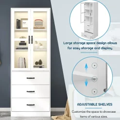 Vitrine - Vitrine avec Éclairage LED et 3 Tiroirs, Armoire Vitrine Moderne avec Étageres Réglables pour Salon, Blanc, 60x40x200 cm