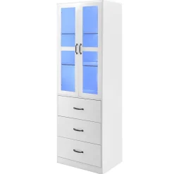 Vitrine - Vitrine avec Éclairage LED et 3 Tiroirs, Armoire Vitrine Moderne avec Étageres Réglables pour Salon, Blanc, 60x40x200 cm