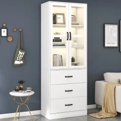 Vitrine - Vitrine avec Éclairage LED et 3 Tiroirs, Armoire Vitrine Moderne avec Étageres Réglables pour Salon, Blanc, 60x40x200 cm