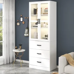 Vitrine - Vitrine avec Éclairage LED et 3 Tiroirs, Armoire Vitrine Moderne avec Étageres Réglables pour Salon, Blanc, 60x40x200 cm