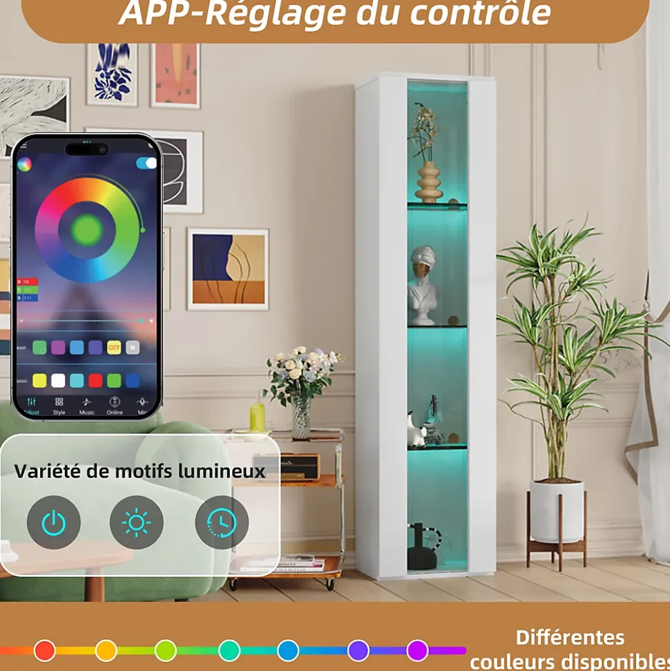 Vitrine - Vitrine de Collection - LED à Changement de - Télécommande/App - PB et Verre - 40 x 29 x 170 cm - Blanc