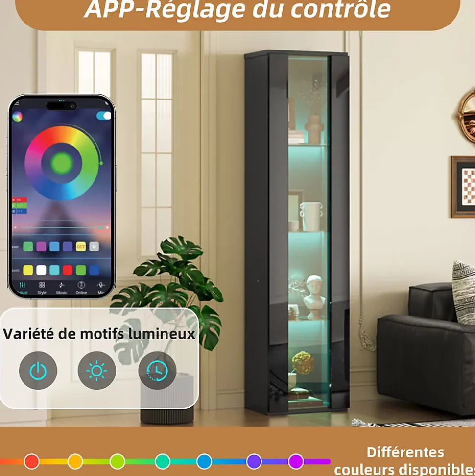 Vitrine - Vitrine de Collection - LED à Changement de - PB et Verre - 40 x 29 x 170 cm - Noir