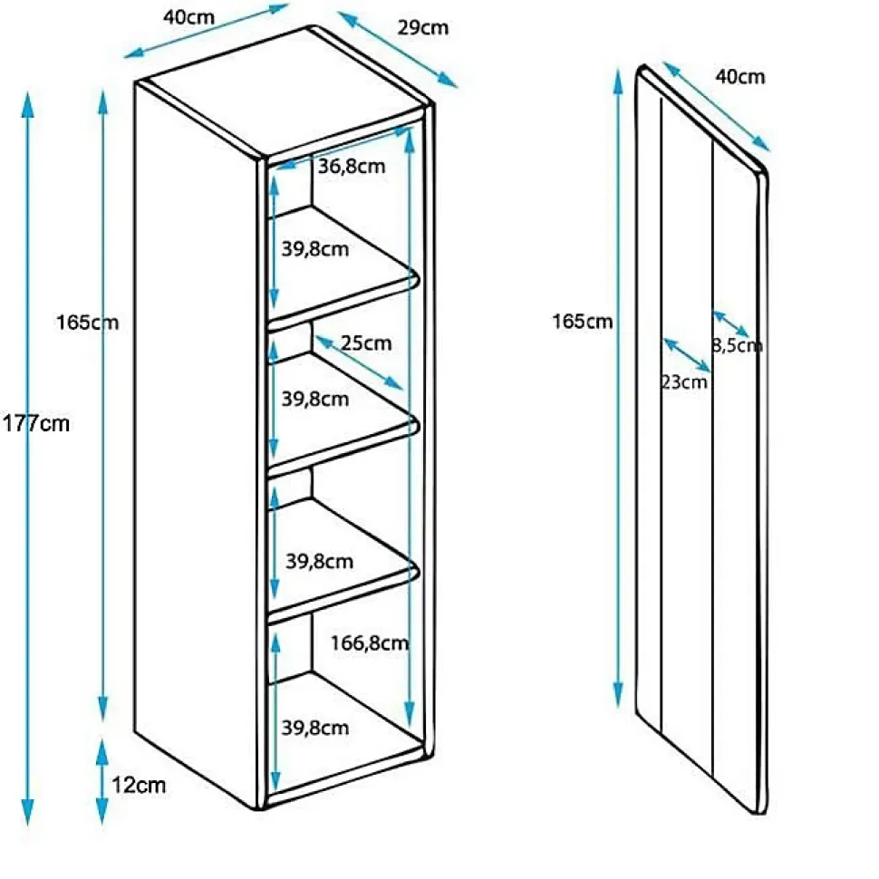 Vitrine armoire contemporaine - Blanc mélamine - Pieds alu - 1 porte, 4 compart. - 40 x 29 x 177 cm