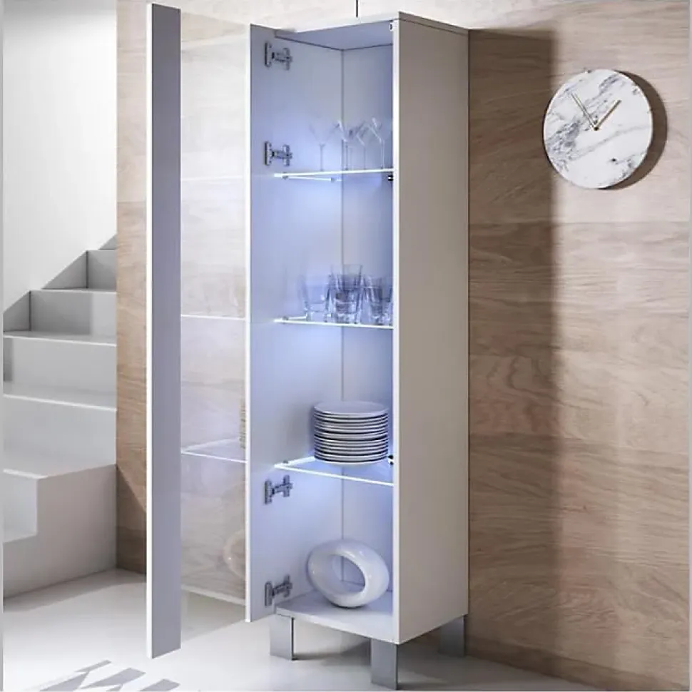 Vitrine armoire contemporaine - Blanc mélamine - Pieds alu - 1 porte, 4 compart. - 40 x 29 x 177 cm