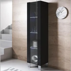 Vitrine armoire contemporaine - Noir mélamine - Pieds alu - 40 x 29 x 177 cm