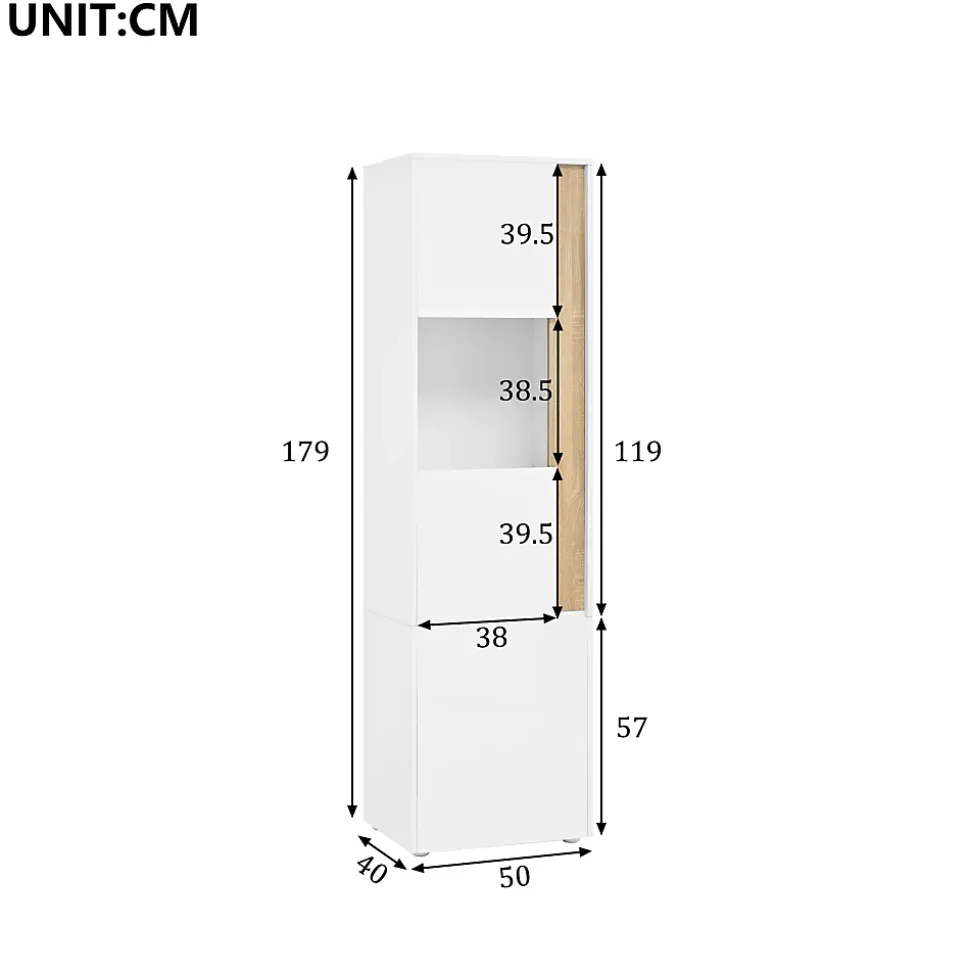 Vitrine Armoire de Rangement avec Éclairage LED et 2 Portes dont 1 en Acrylique - Panneaux de Particules - Blanc et Naturel