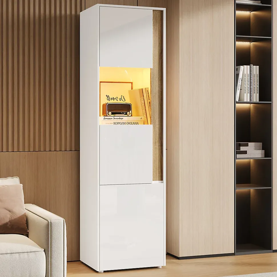 Vitrine Armoire de Rangement avec Éclairage LED et 2 Portes dont 1 en Acrylique - Panneaux de Particules - Blanc et Naturel