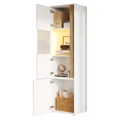 Vitrine Armoire de Rangement avec Éclairage LED et 2 Portes dont 1 en Acrylique - Panneaux de Particules - Blanc et Naturel