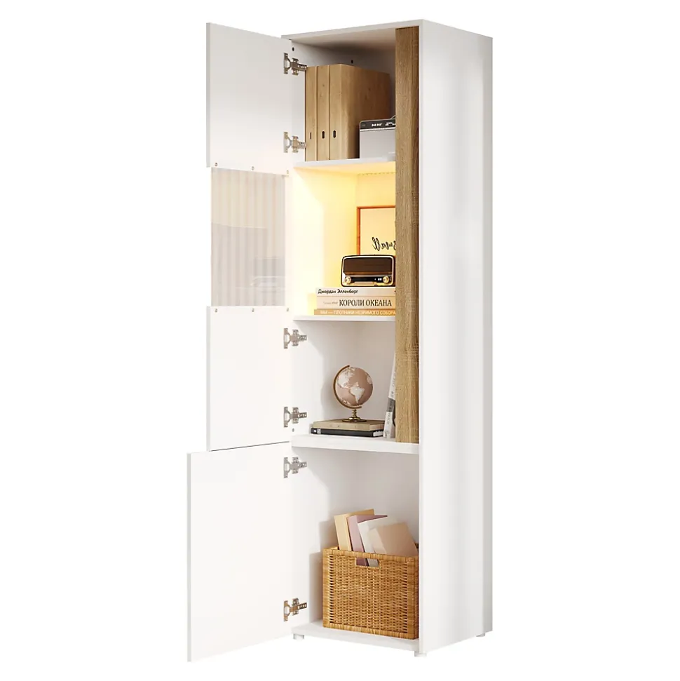 Vitrine Armoire de Rangement avec Éclairage LED et 2 Portes dont 1 en Acrylique - Panneaux de Particules - Blanc et Naturel