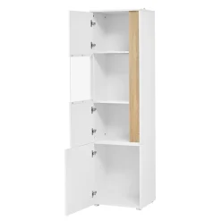 Vitrine Armoire de Rangement avec Éclairage LED et 2 Portes dont 1 en Acrylique - Panneaux de Particules - Blanc et Naturel