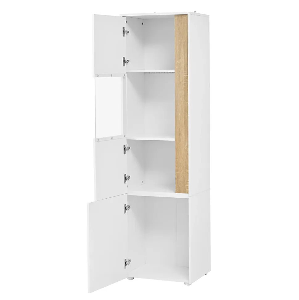 Vitrine Armoire de Rangement avec Éclairage LED et 2 Portes dont 1 en Acrylique - Panneaux de Particules - Blanc et Naturel