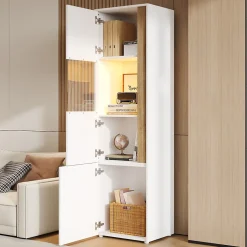 Vitrine Armoire de Rangement avec Éclairage LED et 2 Portes dont 1 en Acrylique - Panneaux de Particules - Blanc et Naturel