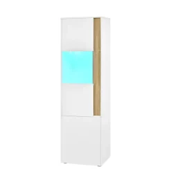 Vitrine Armoire de Rangement avec Éclairage LED et 2 Portes dont 1 en Acrylique - Panneaux de Particules - Blanc et Naturel