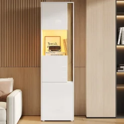 Vitrine Armoire de Rangement avec Éclairage LED et 2 Portes dont 1 en Acrylique - Panneaux de Particules - Blanc et Naturel