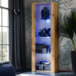 Vitrine Armoire Komodee TIVOLI - LED bleues - Bois naturel - 55 x 159 x 35 cm