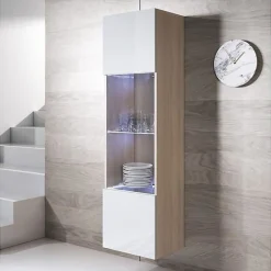 Vitrine armoire LED - Blanc & Sonoma - 1 porte, 4 compart. - Verre - 40x29x165 cm