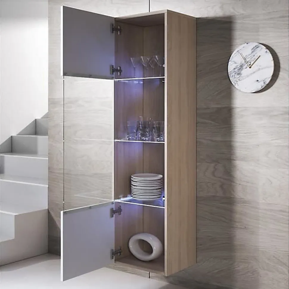 Vitrine armoire LED - Blanc & Sonoma - 1 porte, 4 compart. - Verre - 40x29x165 cm