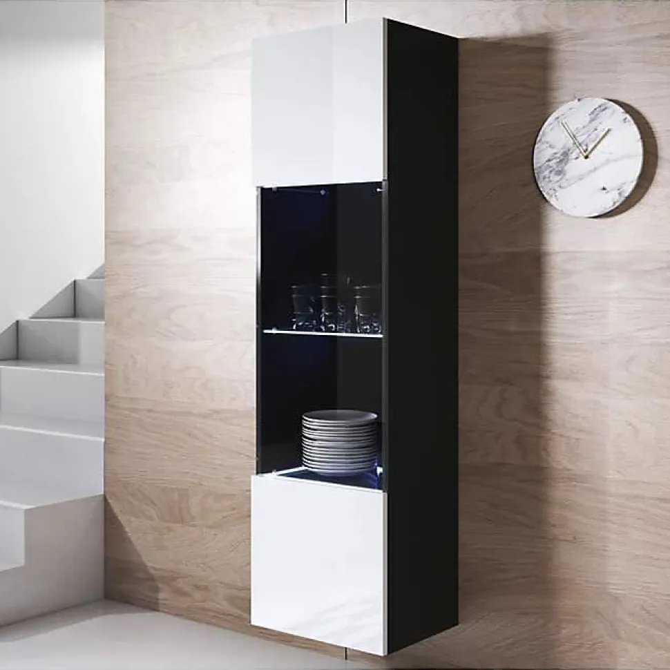 Vitrine Armoire LED - LUKE - V6 - Noir et Blanc - 1 porte - 4 compartiments - 40x165cm