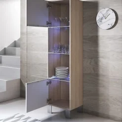 Vitrine armoire LED brillante - Blanc & Sonoma - 1 porte - 4 compart. - 40x177x29 cm