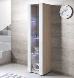 Vitrine armoire LED brillante - Blanc & Sonoma - 1 porte 4 compartiments - 40x29x167 cm