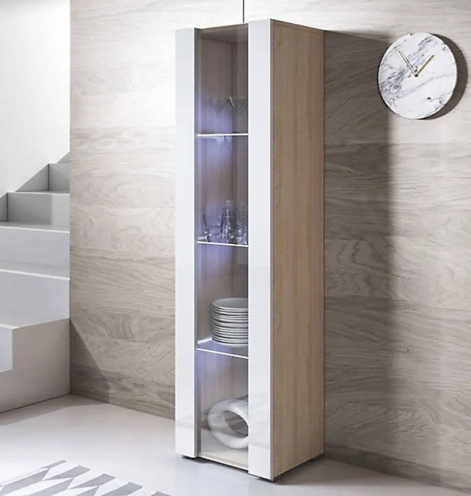 Vitrine armoire LED brillante - Blanc & Sonoma - 1 porte 4 compartiments - 40x29x167 cm