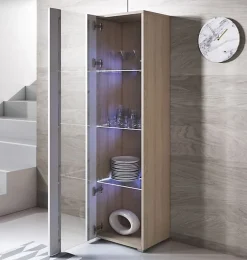 Vitrine armoire LED brillante - Blanc & Sonoma - 1 porte 4 compartiments - 40x29x167 cm