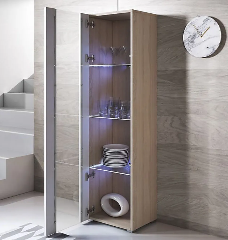 Vitrine armoire LED brillante - Blanc & Sonoma - 1 porte 4 compartiments - 40x29x167 cm