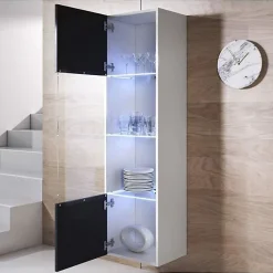 Vitrine armoire LED contemporaine - Blanc & Noir - Mélamine brillante - 1 porte, 4 compart. - 40x165x29 cm