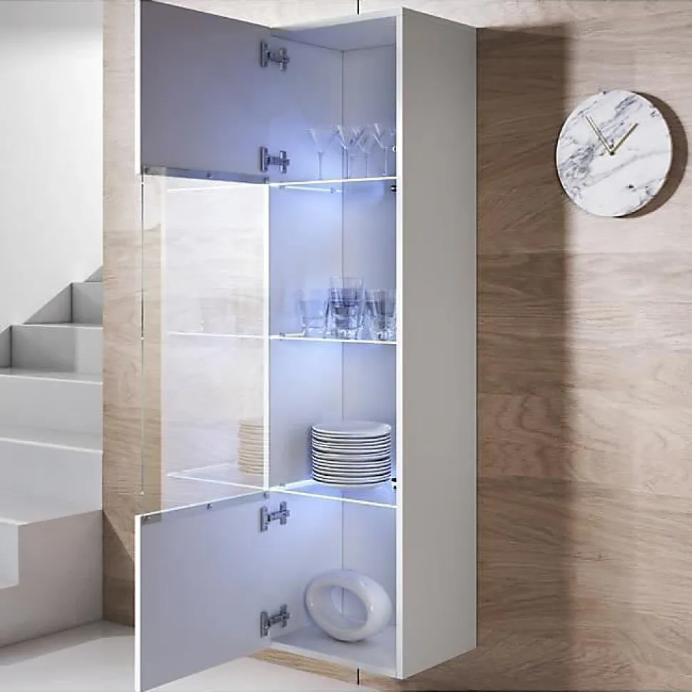 Vitrine armoire LED contemporaine - Blanc brillant - Mélamine - 1 porte 4 compart. - 40x29x165 cm