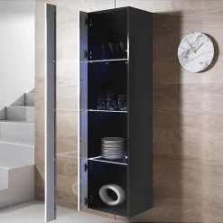 Vitrine armoire LED contemporaine - Noir/Blanc - Mélamine brillant - 1 porte 4 compartiments - 40x29x165 cm