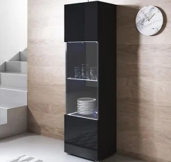 Vitrine armoire LED contemporaine - Noir brillant - Mélamine - 1 porte - 4 compartiments - 40x29x167 cm