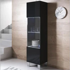 Vitrine armoire LED contemporaine - Noir brillant - Mélamine - 1 porte - 4 compartiments - 40x29x177 cm