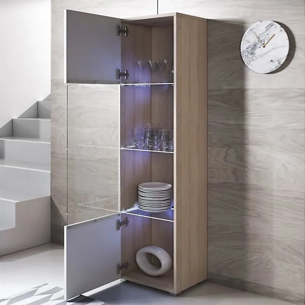 Vitrine armoire LED élégante - Sonoma & blanc - Mélamine - 1 porte 4 compartiments - 40 x 29 x 167 cm