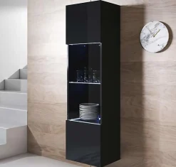 Vitrine armoire LED suspendue - Noir brillant - 1 porte 4 compart. - 40x29x165 cm