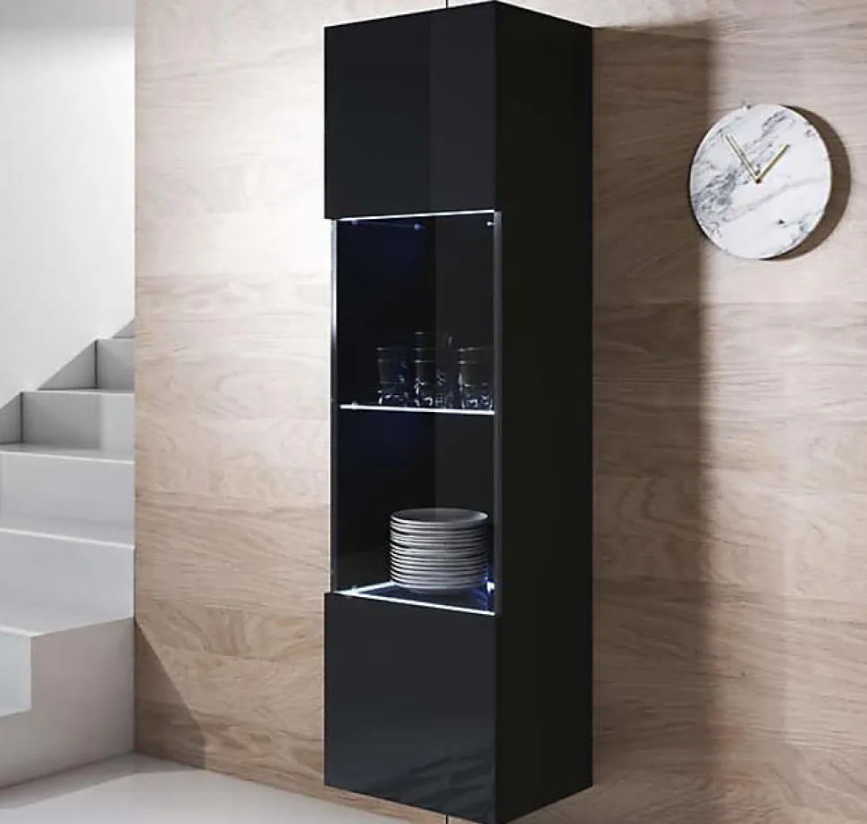 Vitrine armoire LED suspendue - Noir brillant - 1 porte 4 compart. - 40x29x165 cm