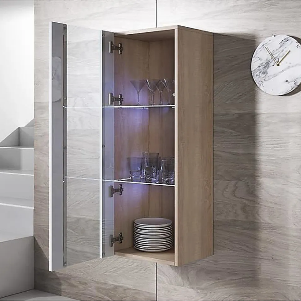 Vitrine armoire suspendue contemporaine - Blanc & Sonoma - 1 porte brill. - LED - 40x29x126 cm