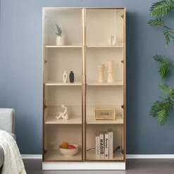Vitrine, Armoire Vitrine avec 2 Portes Vitrées et Étagères Réglables, 80x40x160 cm, Blanc